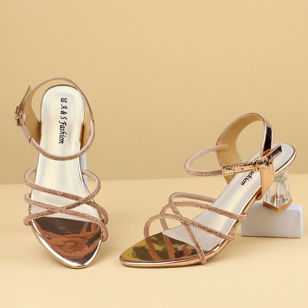 Glossy Strap Stone Heel Sandal