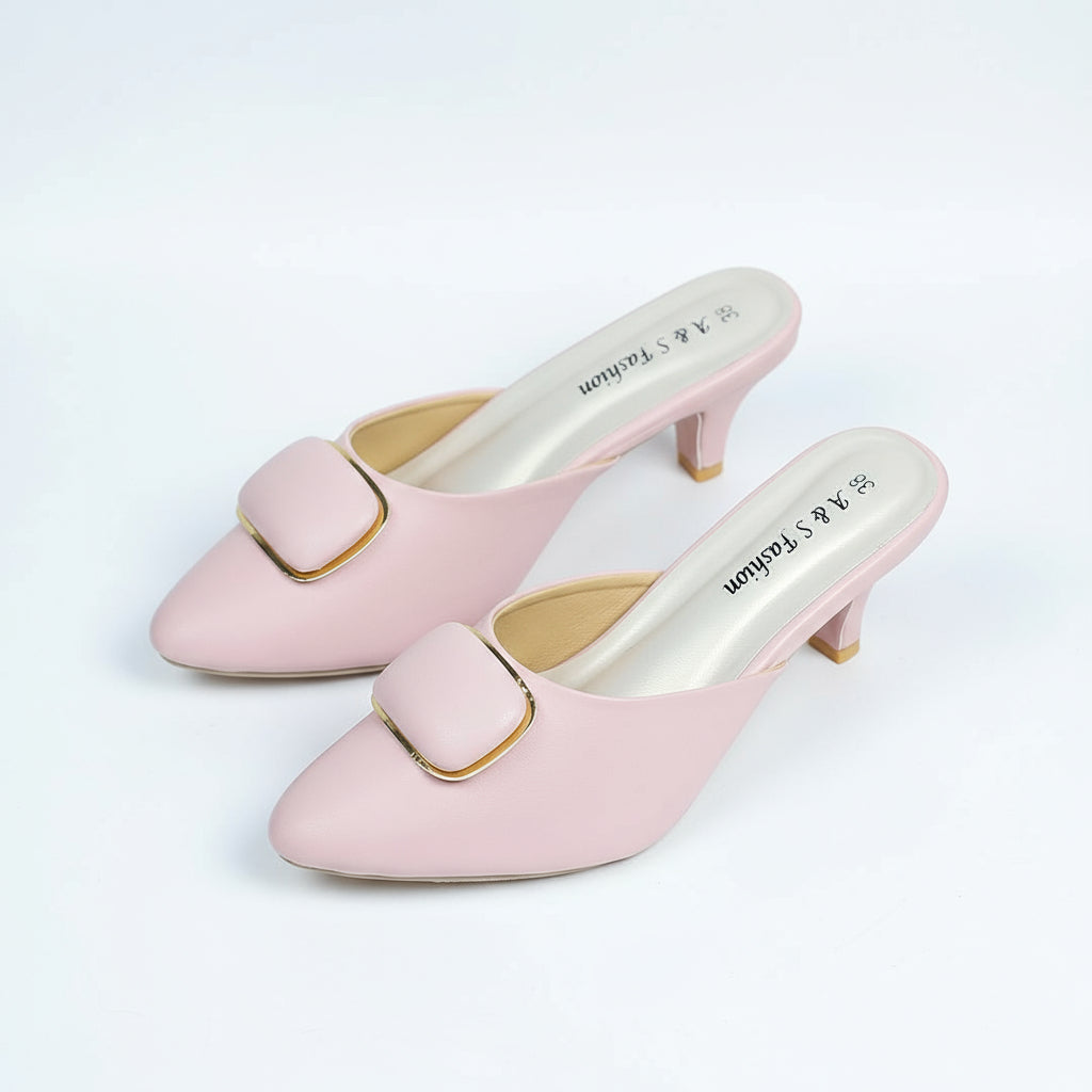 Pink high-heeled shoes with gold accents on a textured surface with flowers in the background, featuring the brand 'A&G Fashion'.