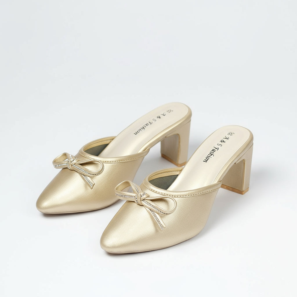 Bow Rhinestone Pointed  Shiny Block Heel Shoes