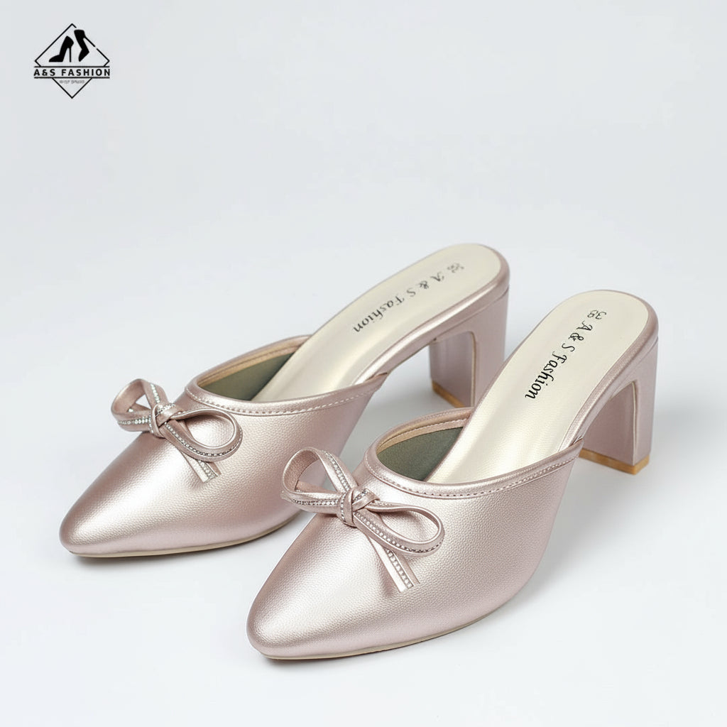 Bow Rhinestone Pointed  Shiny Block Heel Shoes