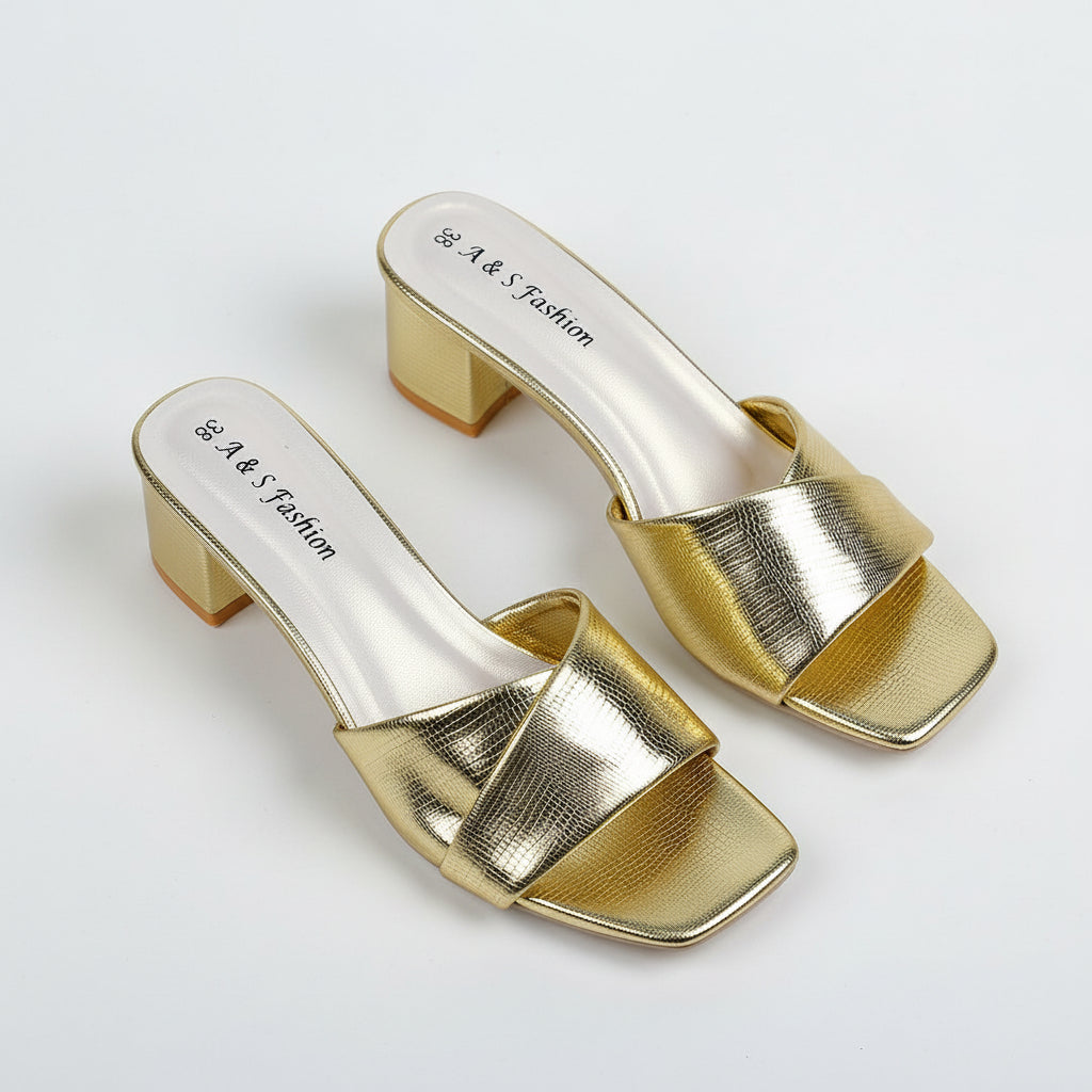 Gold and silver open-toe shoes on a beige background with 'L&S Fashion' branding.